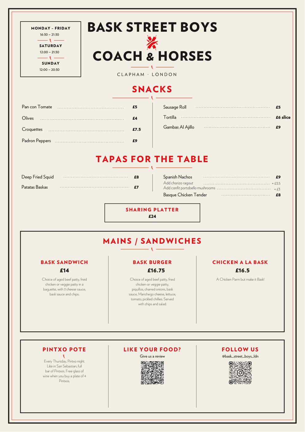 The Bask Street Boys printed menu: snacks, tapas for the table, sharing platter and mains